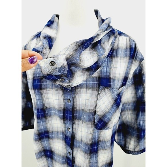 Soft Surroundings Plaid Button Down Shirt Tunic Cowl Neck Pockets Cotton P XL‎ - Picture 3 of 9